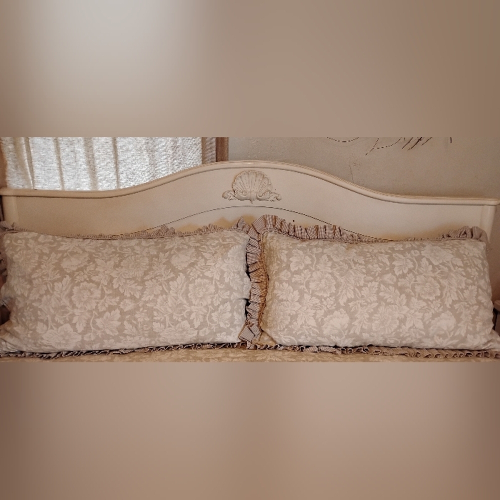 King Shams Flax Ivory Linen Botanical Floral Print French Cottage Pleat Ruffle